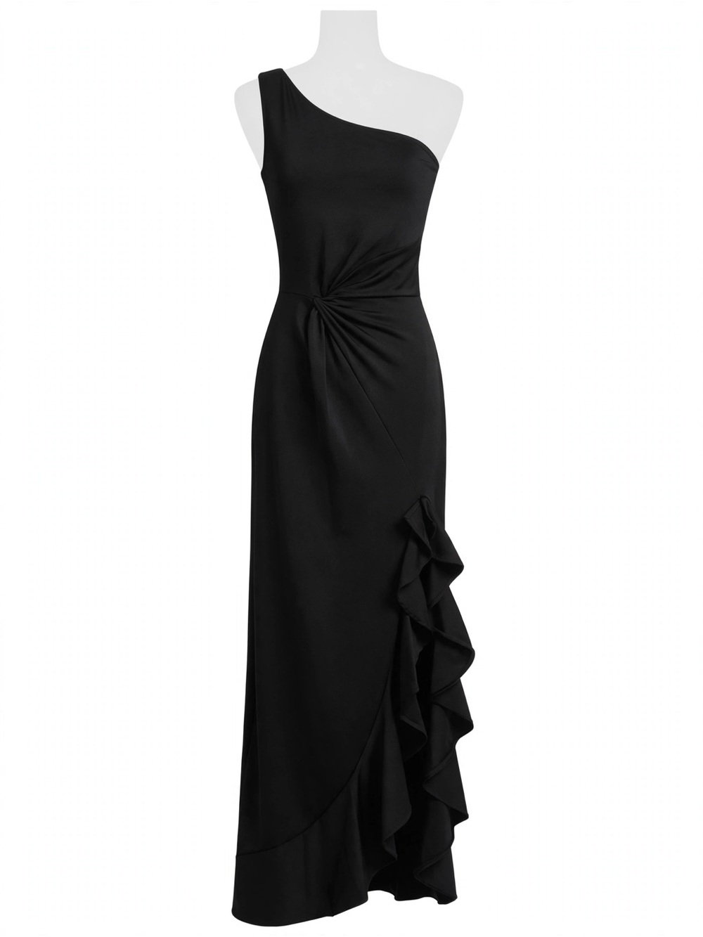 One-Shoulder Black Ruffle Evening Dress